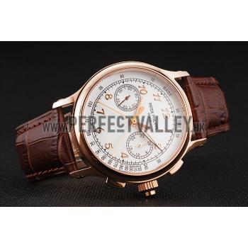 Swiss Patek Philippe Split Seconds Chronograph White Dial Rose Gold Case Brown Leather Strap