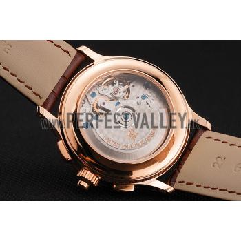 Swiss Patek Philippe Split Seconds Chronograph White Dial Rose Gold Case Brown Leather Strap