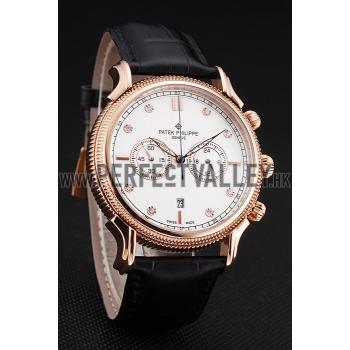 Patek Philippe Chronograph White Dial With Diamonds Rose Gold Case Black Leather Strap