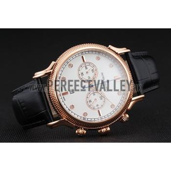 Patek Philippe Chronograph White Dial With Diamonds Rose Gold Case Black Leather Strap