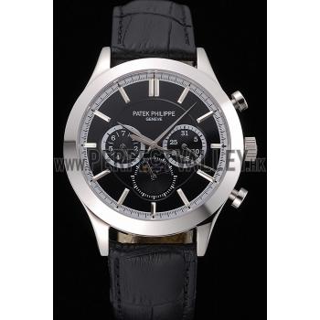 Patek Philippe Moonphase Chronograph Black Dial Stainless Steel Case Black Leather Strap  622842