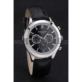 Patek Philippe Moonphase Chronograph Black Dial Stainless Steel Case Black Leather Strap  622842