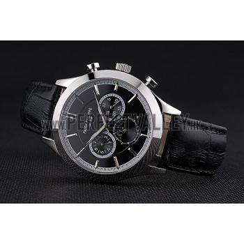 Patek Philippe Moonphase Chronograph Black Dial Stainless Steel Case Black Leather Strap  622842