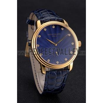 Patek Philippe Calatrava Blue Guilloche Dial Gold Case Blue Leather Strap