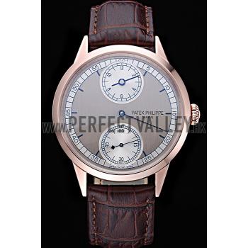 Patek Philippe Geneve Two Dial Gray Dial Rose Gold Bezel Brown Leather Band  622148 Replica