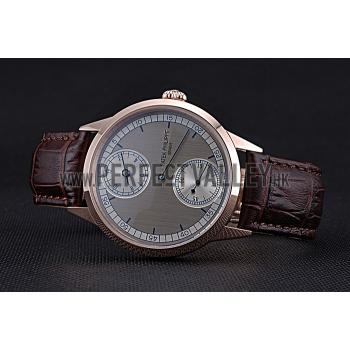 Patek Philippe Geneve Two Dial Gray Dial Rose Gold Bezel Brown Leather Band  622148 Replica