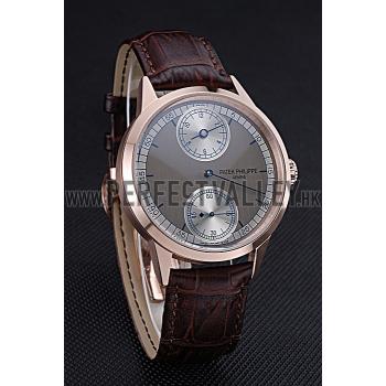 Patek Philippe Geneve Two Dial Gray Dial Rose Gold Bezel Brown Leather Band  622148 Replica