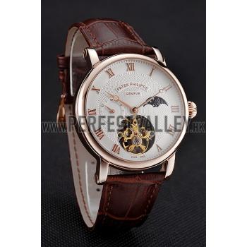 Patek Philippe Complications Moonphase Tourbillon White Dial Rose Gold Case Brown Leather Strap