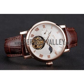 Patek Philippe Complications Moonphase Tourbillon White Dial Rose Gold Case Brown Leather Strap