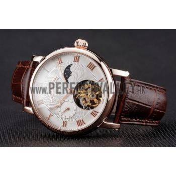 Patek Philippe Complications Moonphase Tourbillon White Dial Rose Gold Case Brown Leather Strap