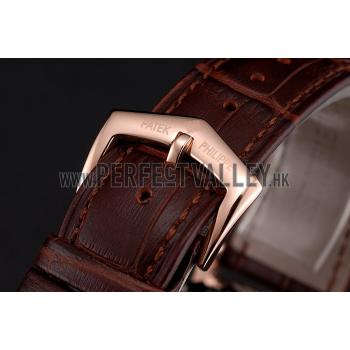 Patek Philippe Complications Moonphase Tourbillon White Dial Rose Gold Case Brown Leather Strap