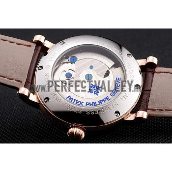 Patek Philippe Complications Moonphase Tourbillon White Dial Rose Gold Case Brown Leather Strap