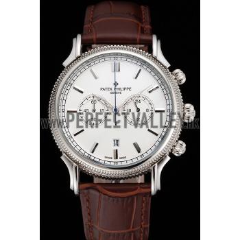 Patek Philippe Chronograph White Dial Stainless Steel Case Brown Leather Strap