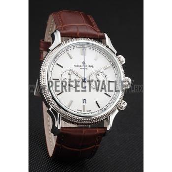 Patek Philippe Chronograph White Dial Stainless Steel Case Brown Leather Strap