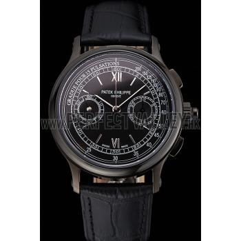 Swiss Patek Philippe 5170J Chronograph Black Dial Black Case Black Leather Strap