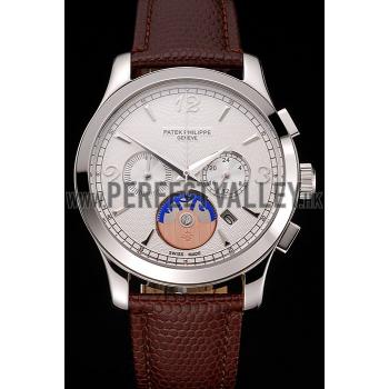 Patek Philippe Chronograph White Guilloche Dial Stainless Steel Case Brown Leather Strap