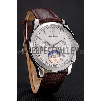 Patek Philippe Chronograph White Guilloche Dial Stainless Steel Case Brown Leather Strap