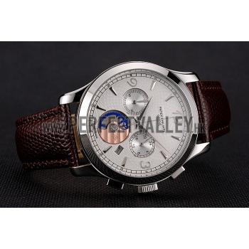 Patek Philippe Chronograph White Guilloche Dial Stainless Steel Case Brown Leather Strap