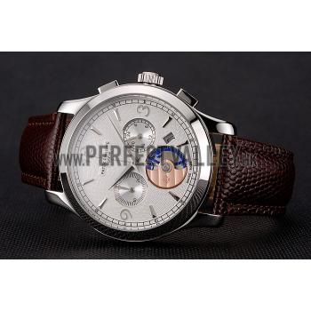 Patek Philippe Chronograph White Guilloche Dial Stainless Steel Case Brown Leather Strap