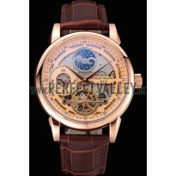 Patek Philippe Dual Time Moonphase Tourbillon Gold Skeletonised Dial Rose Gold Case Brown Leather Strap