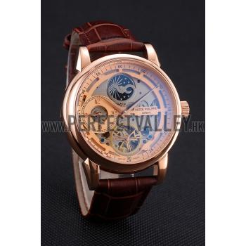 Patek Philippe Dual Time Moonphase Tourbillon Gold Skeletonised Dial Rose Gold Case Brown Leather Strap