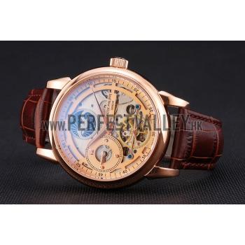 Patek Philippe Dual Time Moonphase Tourbillon Gold Skeletonised Dial Rose Gold Case Brown Leather Strap