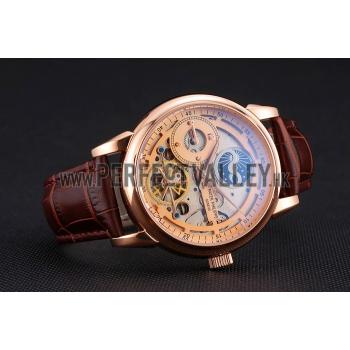 Patek Philippe Dual Time Moonphase Tourbillon Gold Skeletonised Dial Rose Gold Case Brown Leather Strap