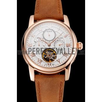 Patek Philippe Grand Complications Day Date Tourbillon White Dial Rose Gold Case Brown Suede Leather Strap 1453813