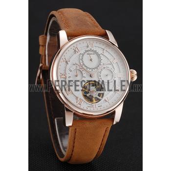 Patek Philippe Grand Complications Day Date Tourbillon White Dial Rose Gold Case Brown Suede Leather Strap 1453813