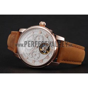 Patek Philippe Grand Complications Day Date Tourbillon White Dial Rose Gold Case Brown Suede Leather Strap 1453813