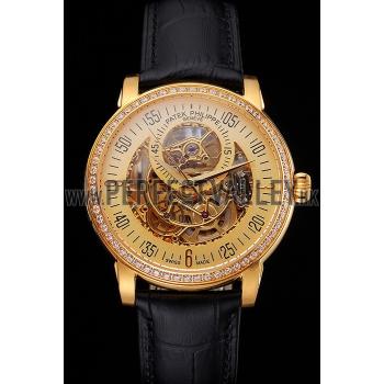 Swiss Patek Philippe Complications Openworked Dial Gold Case Diamond Bezel Black Leather Strap