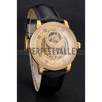 Swiss Patek Philippe Complications Openworked Dial Gold Case Diamond Bezel Black Leather Strap