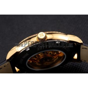 Swiss Patek Philippe Complications Openworked Dial Gold Case Diamond Bezel Black Leather Strap