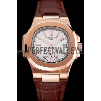 Patek Philippe Nautilus White Dial Rose Gold Case Brown Leather Strap