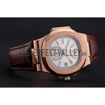 Patek Philippe Nautilus White Dial Rose Gold Case Brown Leather Strap