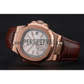 Patek Philippe Nautilus White Dial Rose Gold Case Brown Leather Strap