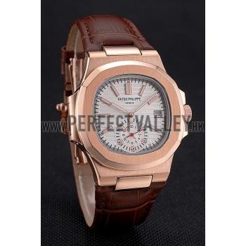 Patek Philippe Nautilus White Dial Rose Gold Case Brown Leather Strap