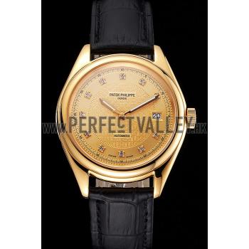 Swiss Patek Philippe Calatrava Gold Dial Diamond Markings Gold Case Black Leather Strap Replica