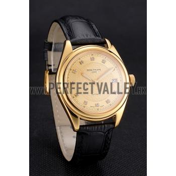 Swiss Patek Philippe Calatrava Gold Dial Diamond Markings Gold Case Black Leather Strap Replica