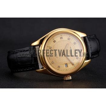 Swiss Patek Philippe Calatrava Gold Dial Diamond Markings Gold Case Black Leather Strap Replica