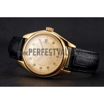 Swiss Patek Philippe Calatrava Gold Dial Diamond Markings Gold Case Black Leather Strap Replica