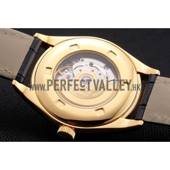 Swiss Patek Philippe Calatrava Gold Dial Diamond Markings Gold Case Black Leather Strap Replica