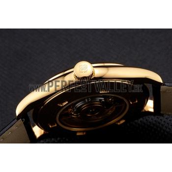 Swiss Patek Philippe Calatrava Gold Dial Diamond Markings Gold Case Black Leather Strap Replica