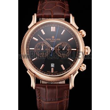 Patek Philippe Chronograph Black Dial Rose Gold Case Brown Leather Strap