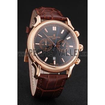 Patek Philippe Chronograph Black Dial Rose Gold Case Brown Leather Strap