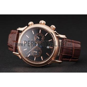 Patek Philippe Chronograph Black Dial Rose Gold Case Brown Leather Strap