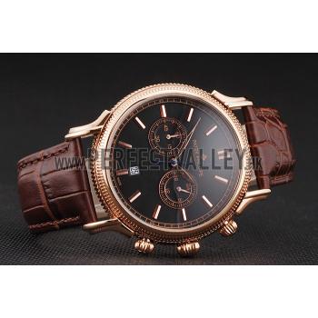 Patek Philippe Chronograph Black Dial Rose Gold Case Brown Leather Strap