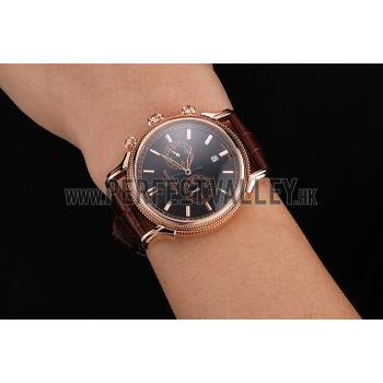 Patek Philippe Chronograph Black Dial Rose Gold Case Brown Leather Strap