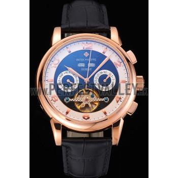 Patek Philippe Perpetual Calendar Tourbillon Black And White Dial Rose Gold Case Black Leather Strap Replica