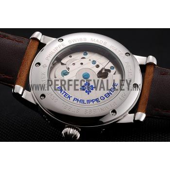 Patek Philippe Grand Complications Day Date Tourbillon Whie Dial Stainless Steel Case Brown Suede Leather Strap 1453817